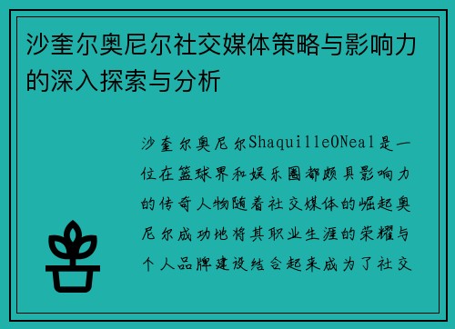 沙奎尔奥尼尔社交媒体策略与影响力的深入探索与分析