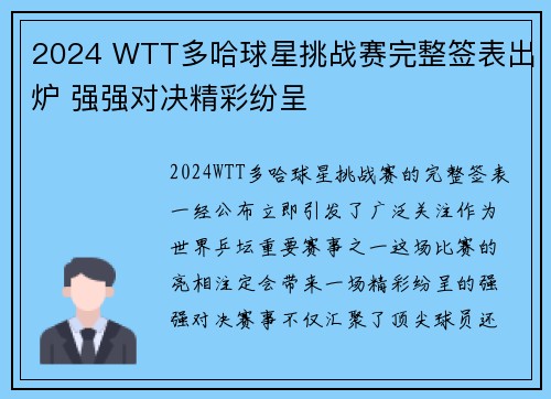 2024 WTT多哈球星挑战赛完整签表出炉 强强对决精彩纷呈