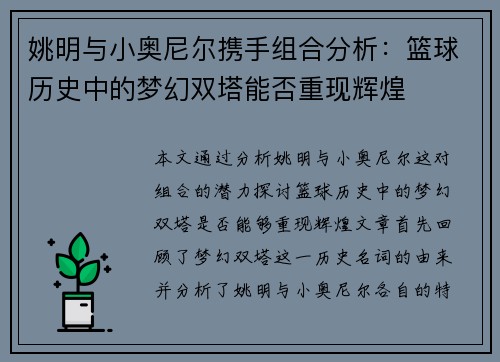 姚明与小奥尼尔携手组合分析：篮球历史中的梦幻双塔能否重现辉煌